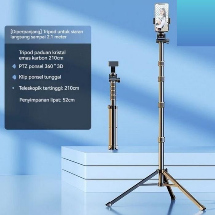 Tripod + Tongsis Premium Tinggi 2,1 Meter Besi Tripod Tongkat Selfie HP Kamera Ringlight Lengkap