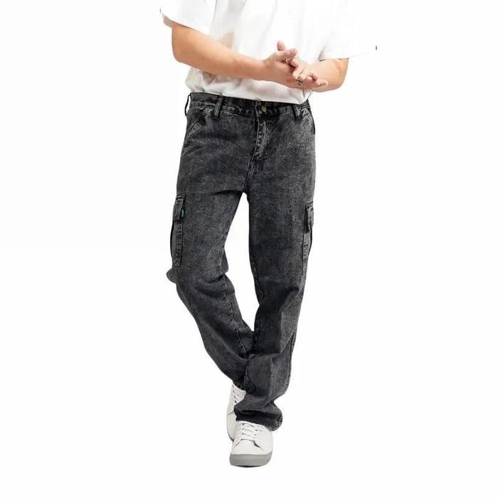 CELANA PANJANG CARGO JEANS LOOSE FIT REGULER STANDAR BLACK SANDWASH BAHAN TEBAL MINIMALIST REGULAR