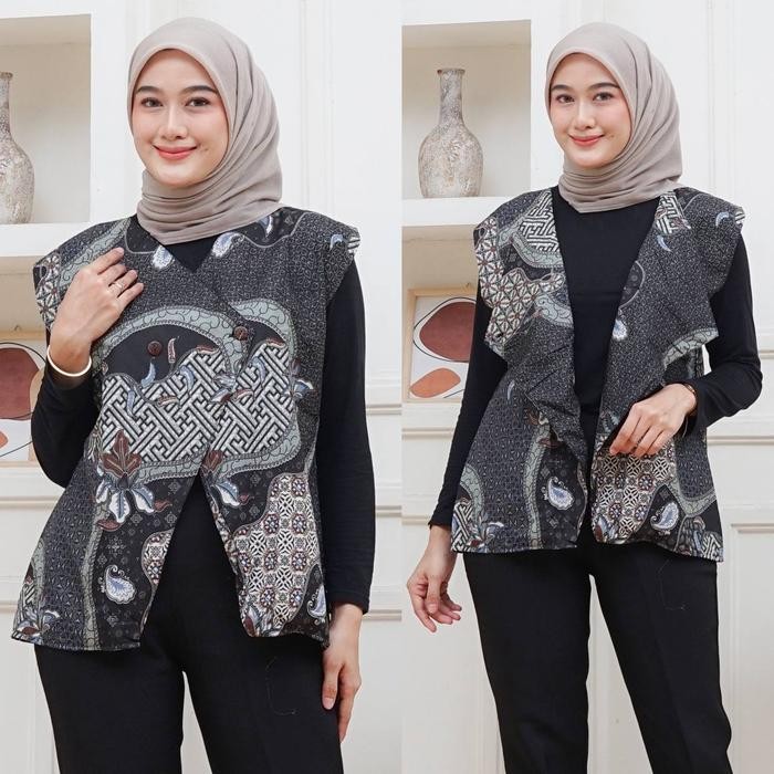 Vest Batik Wanita Rompi Batik V-Neck Atasan Wanita Outer Batik Kekinian Terlaris