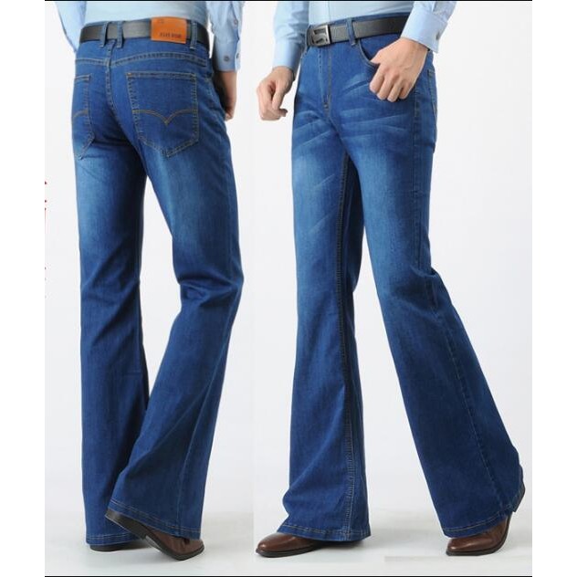 Spring Men Jeans Vintage Flare Long Denim Pants Blue Trouser 80S Slim