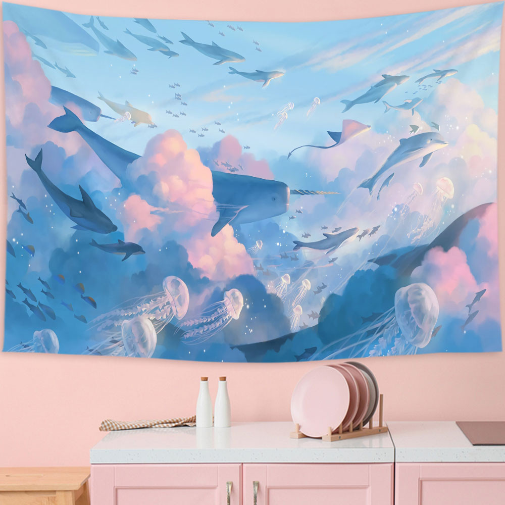 Permadani Lumba-lumba Langit Kartun Hiasan Dinding Permadani Awan Merah Muda dan Paus Dekorasi Ruang