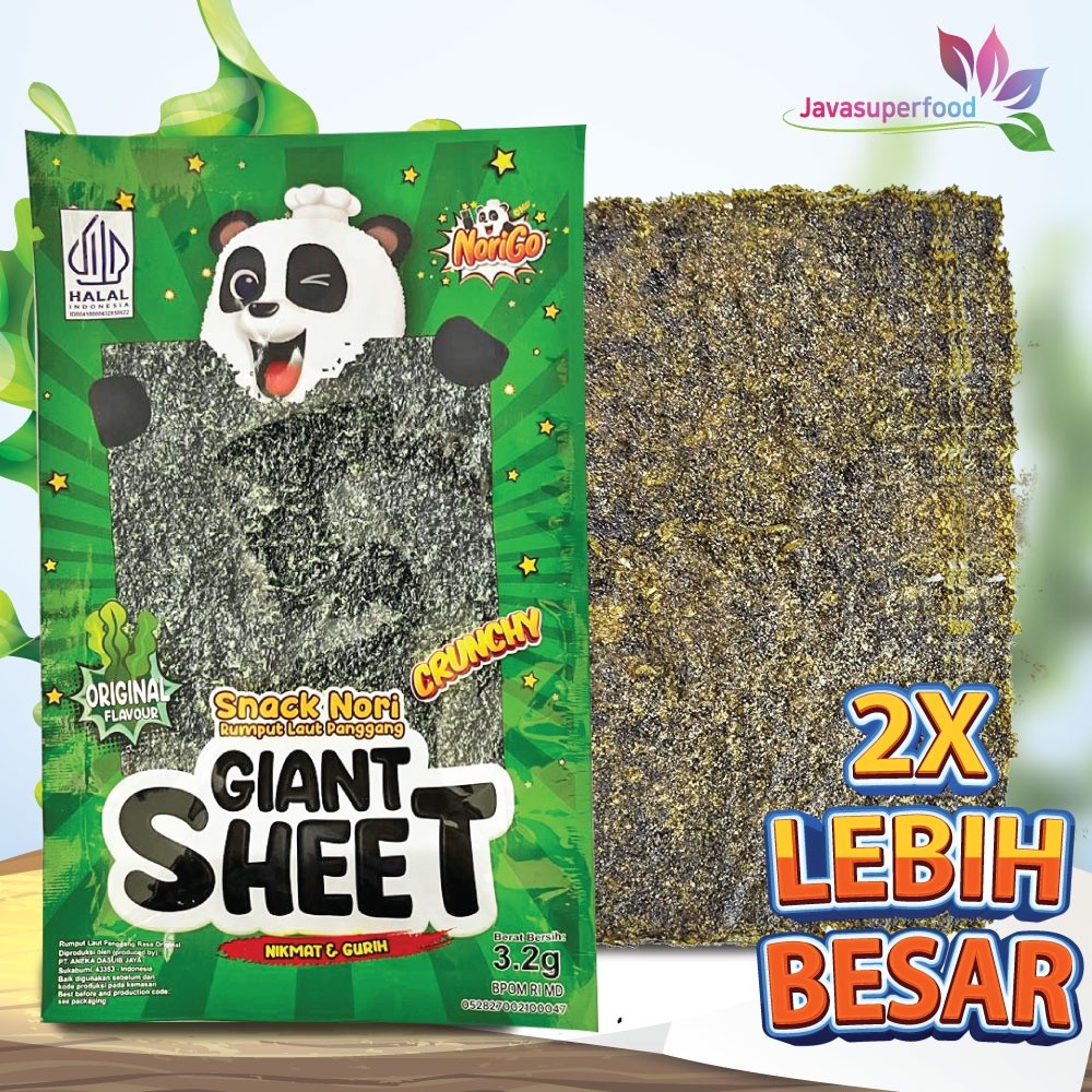 

Norigo / Snack Nori Giant Sheet 1 Box isi 12 Pcs / Snack Rumput Laut 38.4g [Halal]