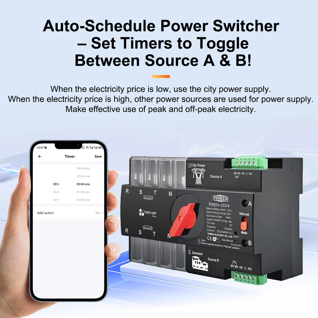 Tomzn Din Rail Ewelink Wifi Smart Ats Timer 230V Dual Power Automatic Transfer Selector Switch