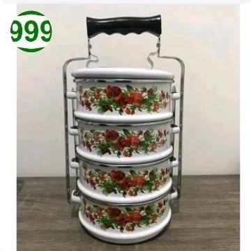 Rantang Tenong Maspion 14 cm susun 4 Motif Bunga - Original Maspion Rantang Enamel FoodCarrier set