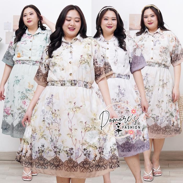 PREMIUM Domore Baju Dress Big Size Wanita Motif Terbaru Korea Style Pakaian Jumbo Kekinian Gaun