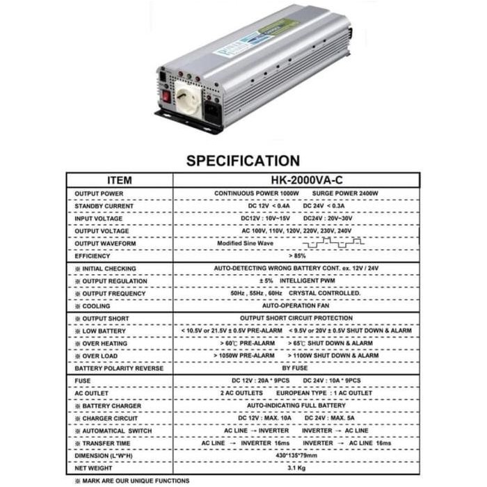 POWER INVERTER UPS DC AC PLUS CHARGER ACCU HK2000VA 12V HACHIKO TAIWAN