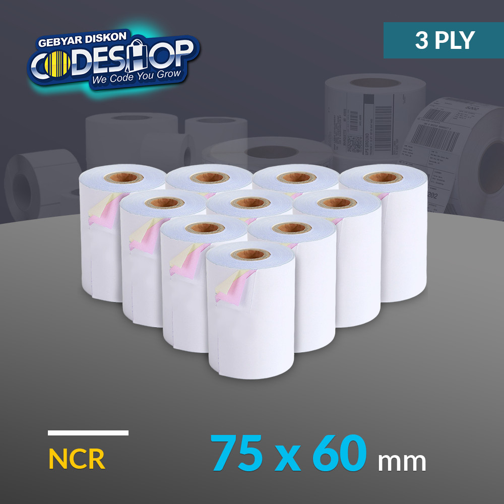 

LINDU (10 Roll) Codeshop Kertas NCR 75 x 60 mm 3 Ply Struk Kasir Printer Dot Matrix 76mm Epson