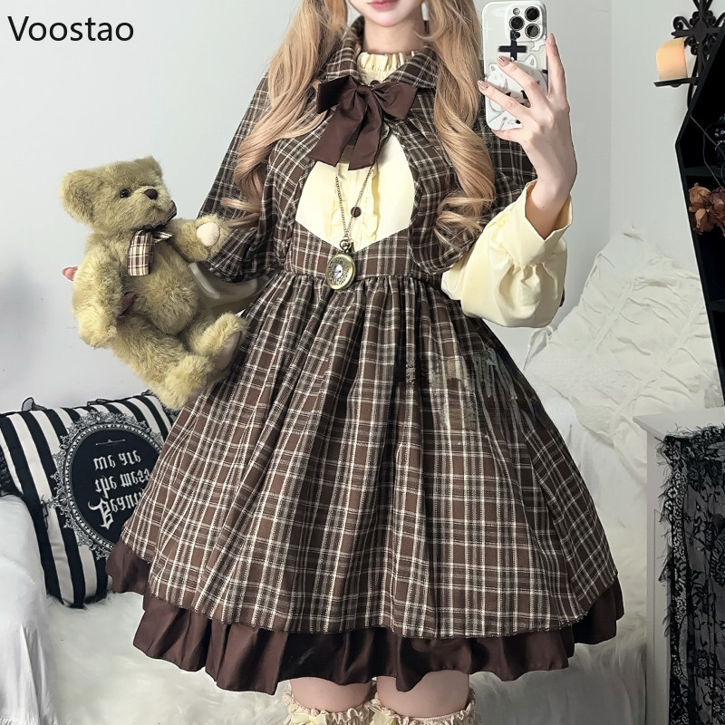 Preppy Style Gothic Lolita Plaid Dress Cloak Set Women Halloween Detective Cosplay Costumes Party