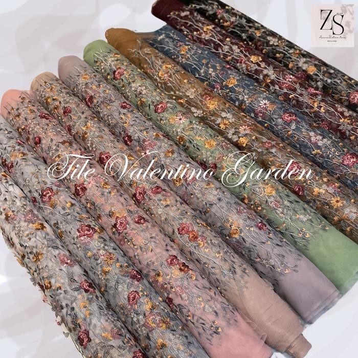 Kain Brokat Tulle Tile Bordir Two Tone Tile Valentino Garden Tule Embroidery Motif Bunga Elegan