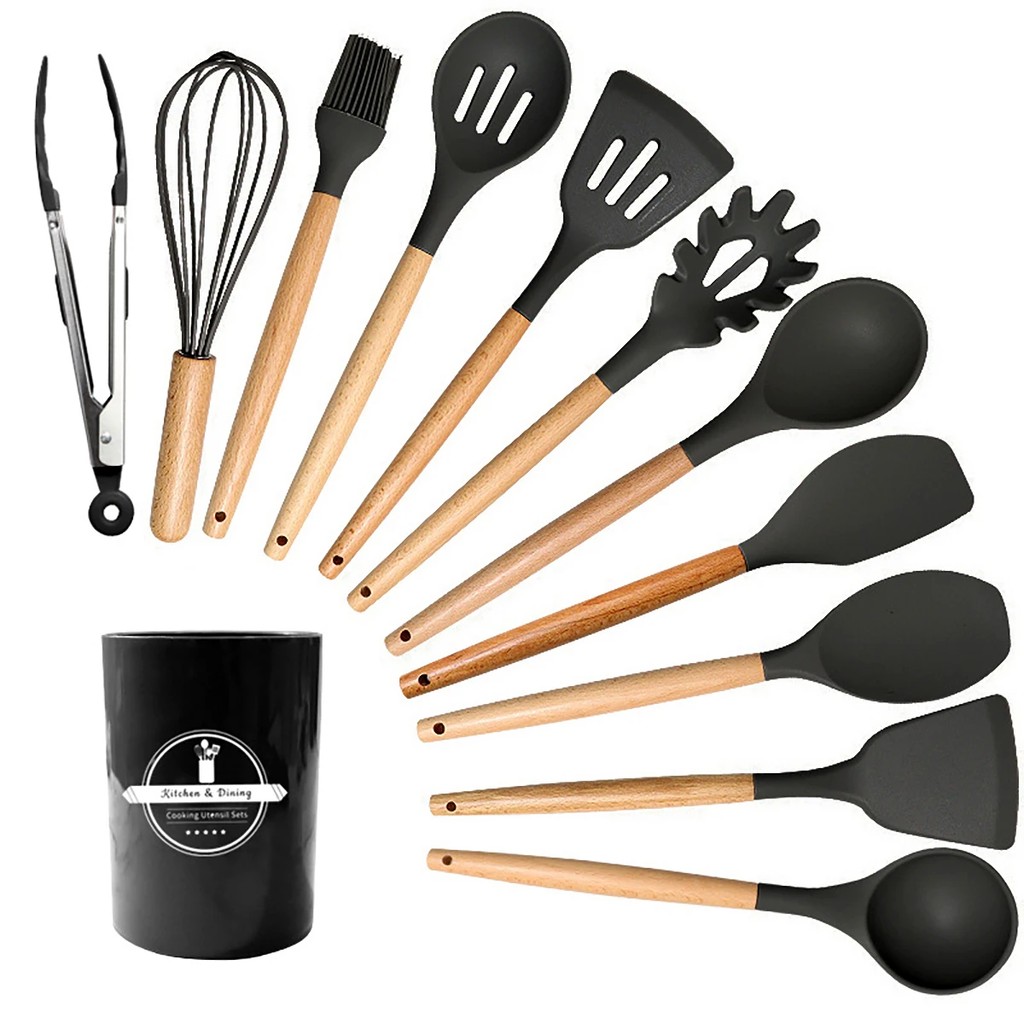 12Pcs Silicone Cooking Utensils Set For Non-stick Cookware Black Kitchen Cuisine Outils Cookware Hea