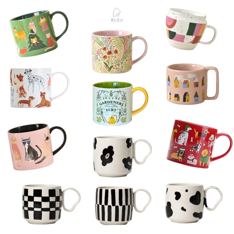 Blou Gelas Mug Keramik Bunga Monochrome Hitam Putih Aesthetic Unik Lucu Korean Style Motif Bunga