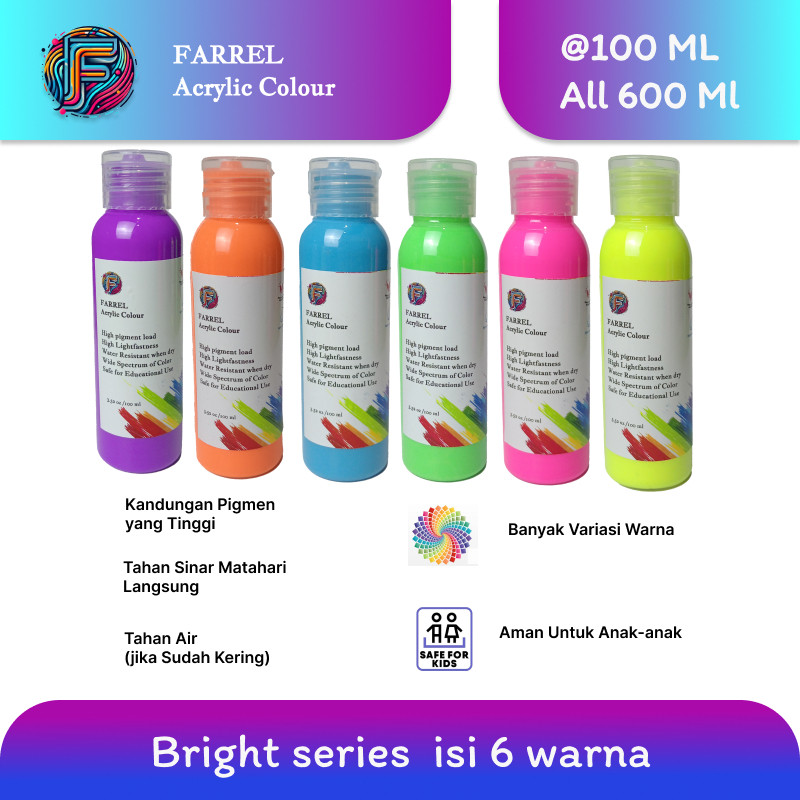 

Bright Series Paket 6 Cat Akrilik / Lukis / Kanvas / Mural Isi 100 ml Per Botol Total 600 ml