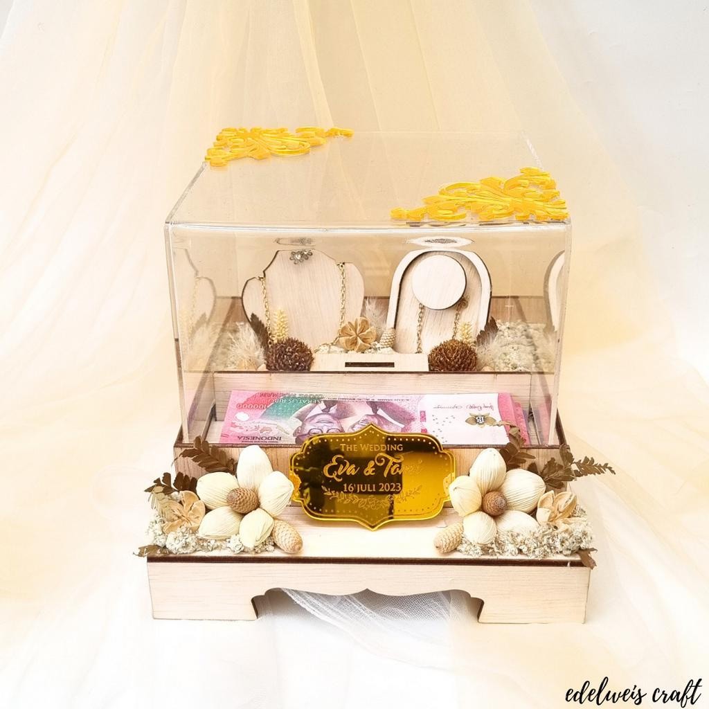 Kotak Hantaran Pernikahan Uang dan Perhiasan Full Set XL Kayu Akrilik Rustic Free Custom Nama