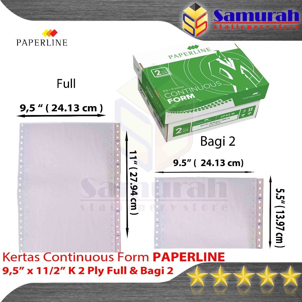 

Kertas Continuous Form Paperline 9,5 x 11 K2 W Full 2 PLY NCR / 9,5 x 11/2 K2 W PRS ( Warna Bagi 2 )
