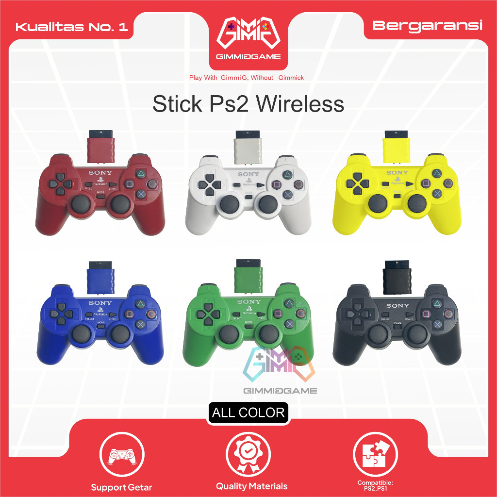 Stick Stik PS2 Wireless Warna Merah Biru Putih Kuning Hijau Hitam