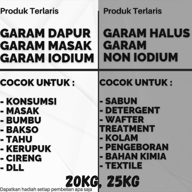

GARAM HALUS 20KG - GARAM DAPUR 20KG - GARAM MASAK 5KG - GARAM - GARAM NON IODIUM - GARAM KONSUMSI -