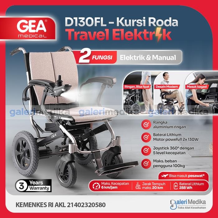Kursi Roda Travel Elektrik Lipat Bisa Dorong Manual GEA D130FL Mudah Dilipat Masuk Mobil GEA D 130 F