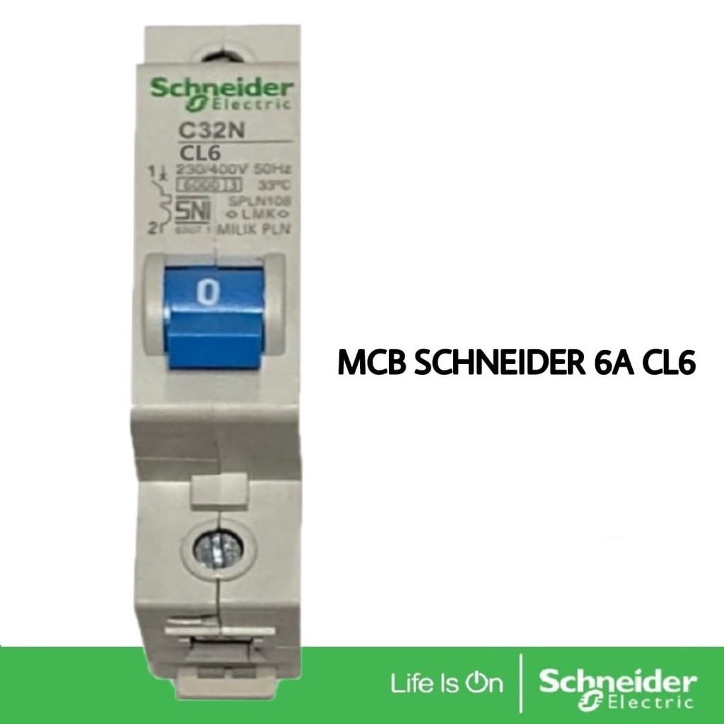 MD MCB SCHNEIDER 6 AMPERE 6A CL6 C32N BIRU SPLN PLN BENSER 1300W 1300WATT PEMUTUS ARUS KWH LISTRIK