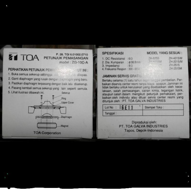 Sepul corong speaker Toa ZH 625S ZH625SM ZR 2230W ZR290W ZH 4015/M ZH 2015/M ZH 2515