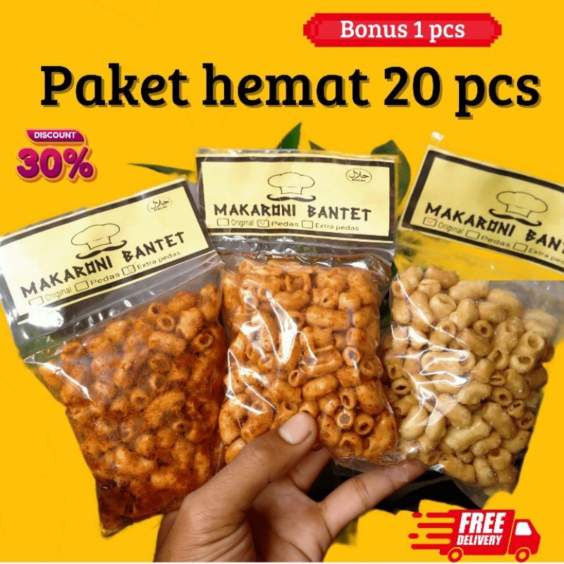 

PAKET HEMAT 20 PCS MAKARONI BANTET/KRIWIL/KERANG 50 GRAM MAKARONI PEDAS MAKARONI BANTET TASIKMALAYA