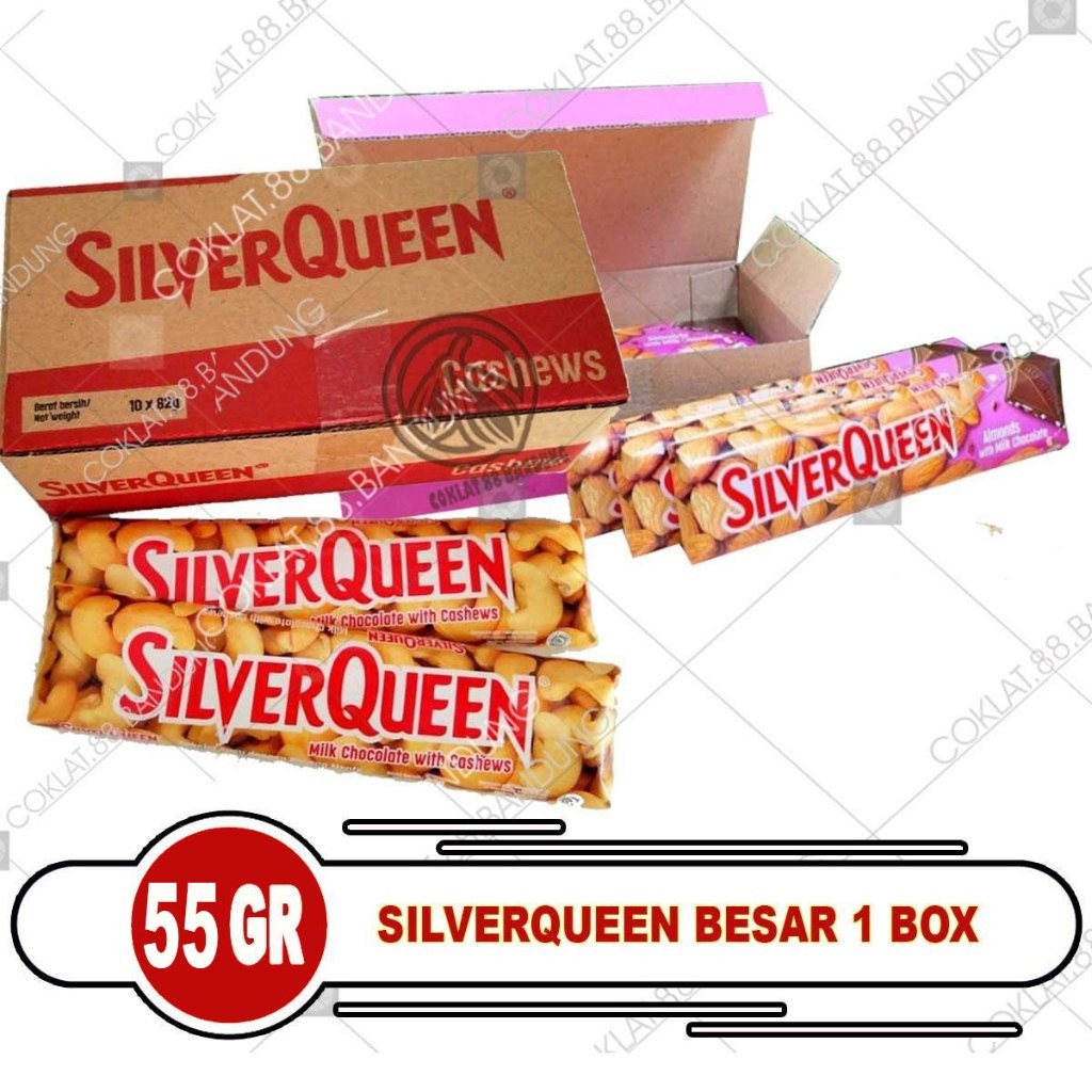 

SILVERQUEEN 55GR 1 BOX BESAR, COKLAT SILVERQUEEN 55 gram ISI 10, SILVER QUEEN MEDE ALMOND CHOCOLATE