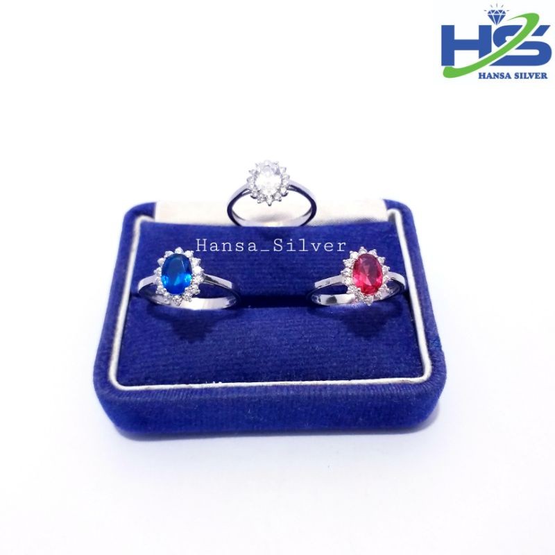 Cincin Perak Wanita Silver Asli 925 Lapis Emas Putih Batu Permata Putih Merah Dan Biru Model Lady