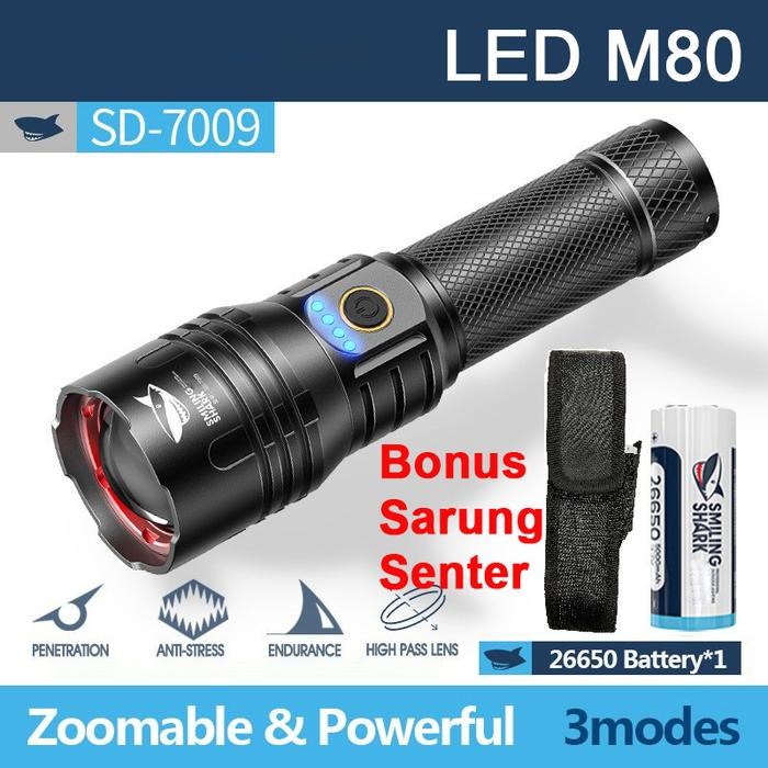 Senter Smiling Shark SD7009 SmilingShark SD 7009 M80 Super Terang Powerbank Type-C Rechargeable
