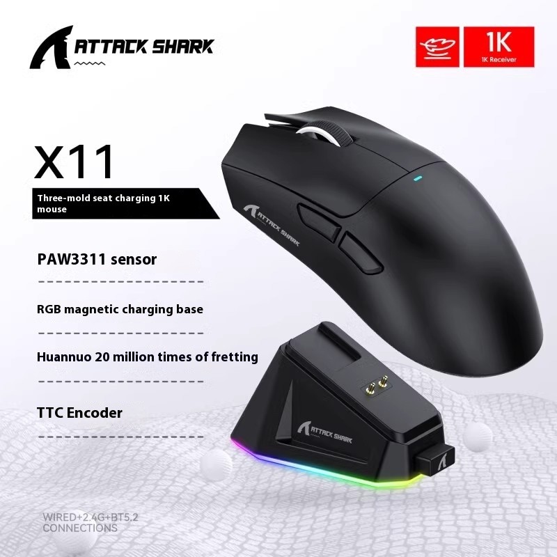 Attack Shark X11 3-Mode Wireless Mouse 2.4g Bluetooth Rgb Illuminated Wireless Charging Magnetic Bas