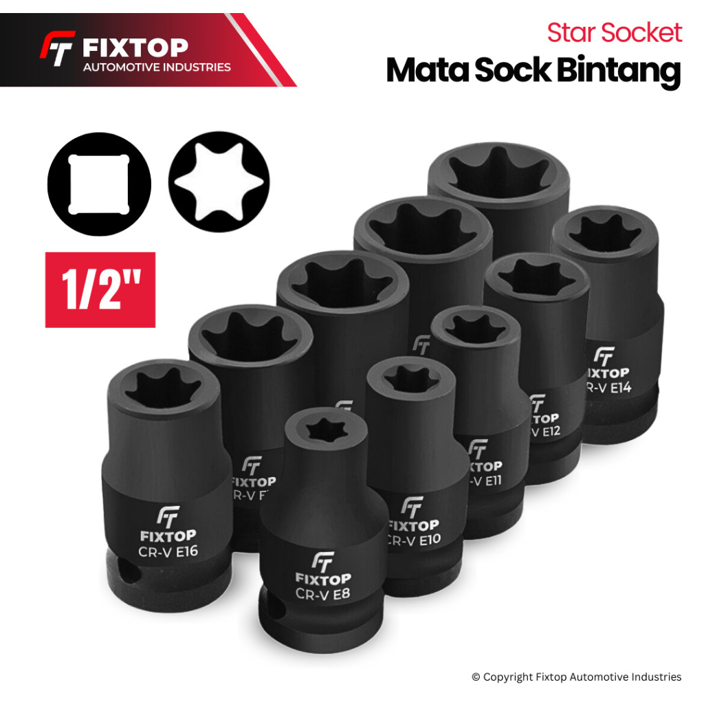 FIXTOP Mata Kunci Shock Bintang 1/2 Inch E8 E10 E11 E12 E14 E16 E18 E20 E22 E24 Star Socket Impact