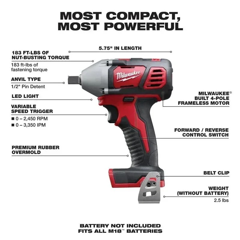 MILWAUKEE M18 BIW12/2659 Impact Wrench M18 Compact 1/2" Cordless 240NM 4-Pole Motor Electric Wrench 