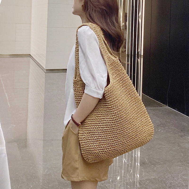 Tas Bahu Wanita Jerami Buatan Tangan Tas Tangan Tote Anyaman Wikcer Tas Belanja Pantai Rotan Kasual 