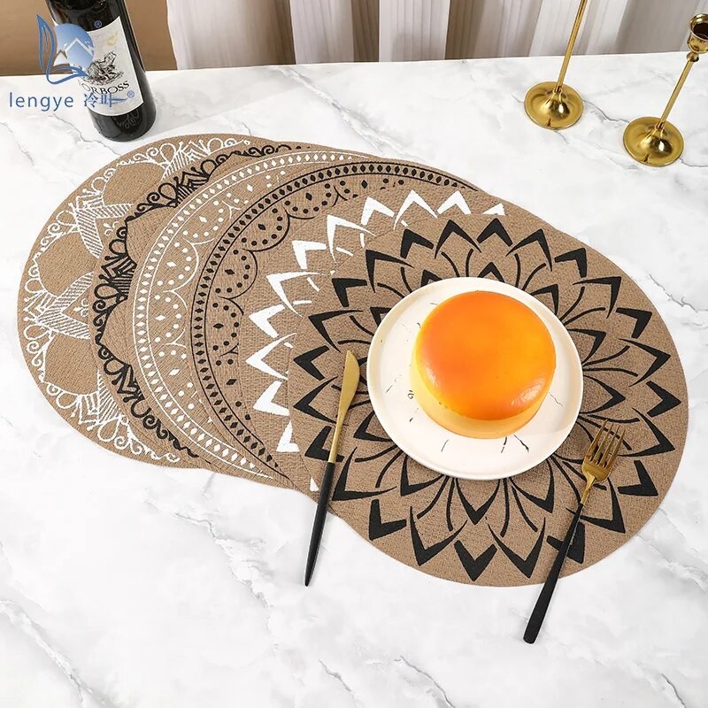 4 Buah Alas Meja Cetak Goni Goni Anti-selip Bulat Retro Alas Piring Kain Tatakan Piring Cangkir Coas