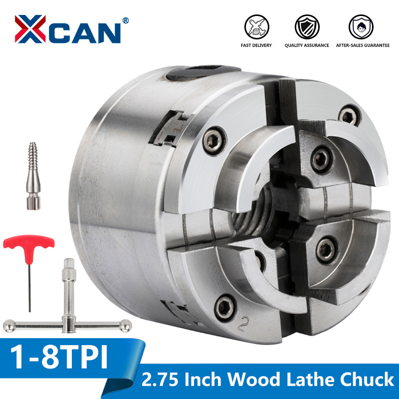 XCAN Chuck Bubut Kayu 2.75 Inci 1-8TPI Scroll Chuck 4-Jaws Self Centering Keyed Bubut Chuck Alat Per