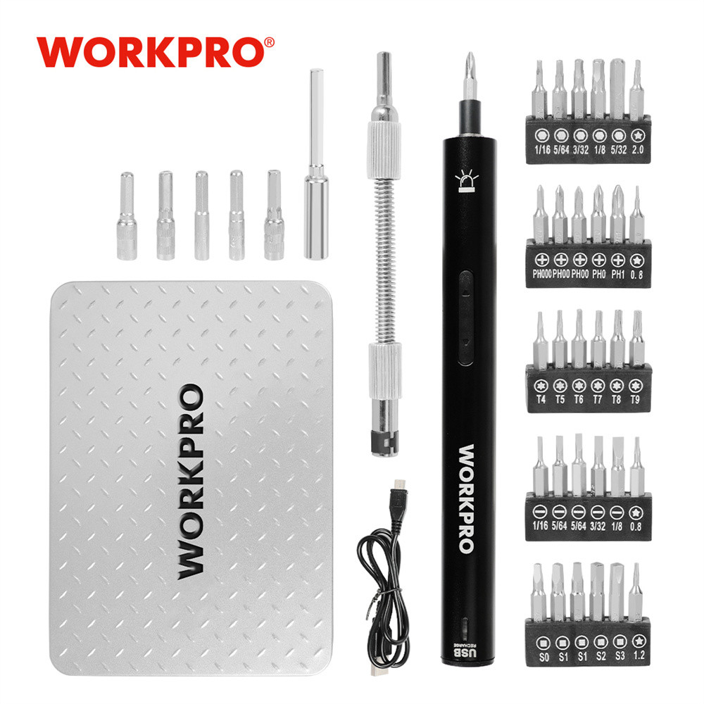 Set Presisi Obeng Listrik 3.6V WORKPRO dengan Set Obeng Isi Ulang USB Portabel Mini untuk Perbaikan 
