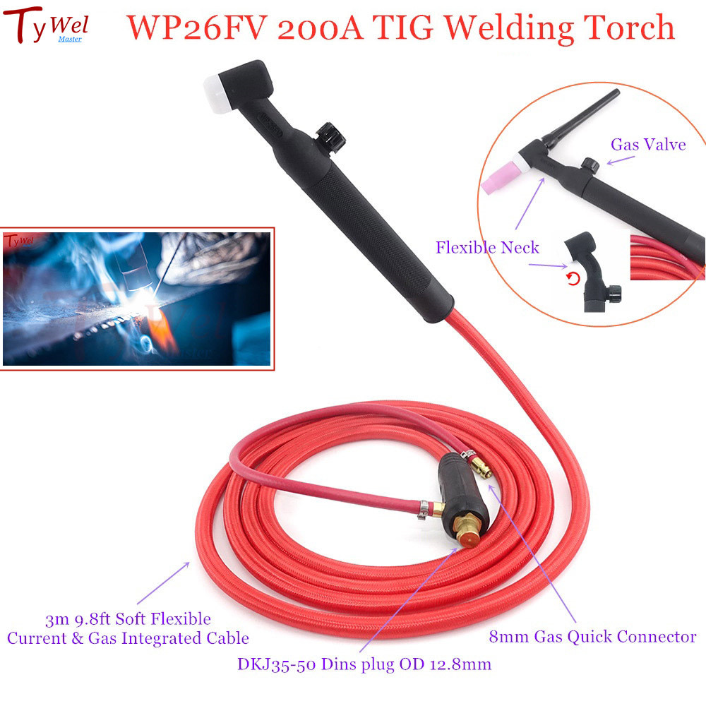 WP26FV 200A Obor Las TIG 3M Kabel Lembut Katup Busur Tungsten Berpendingin Udara Fleksibel Argon 35-