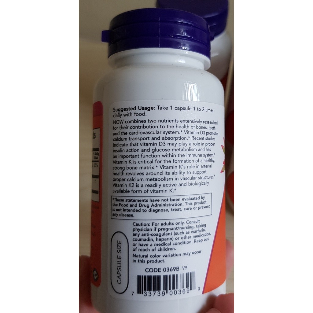 Now Foods Vitamin D3 & K2 1 IU Now D3 K2