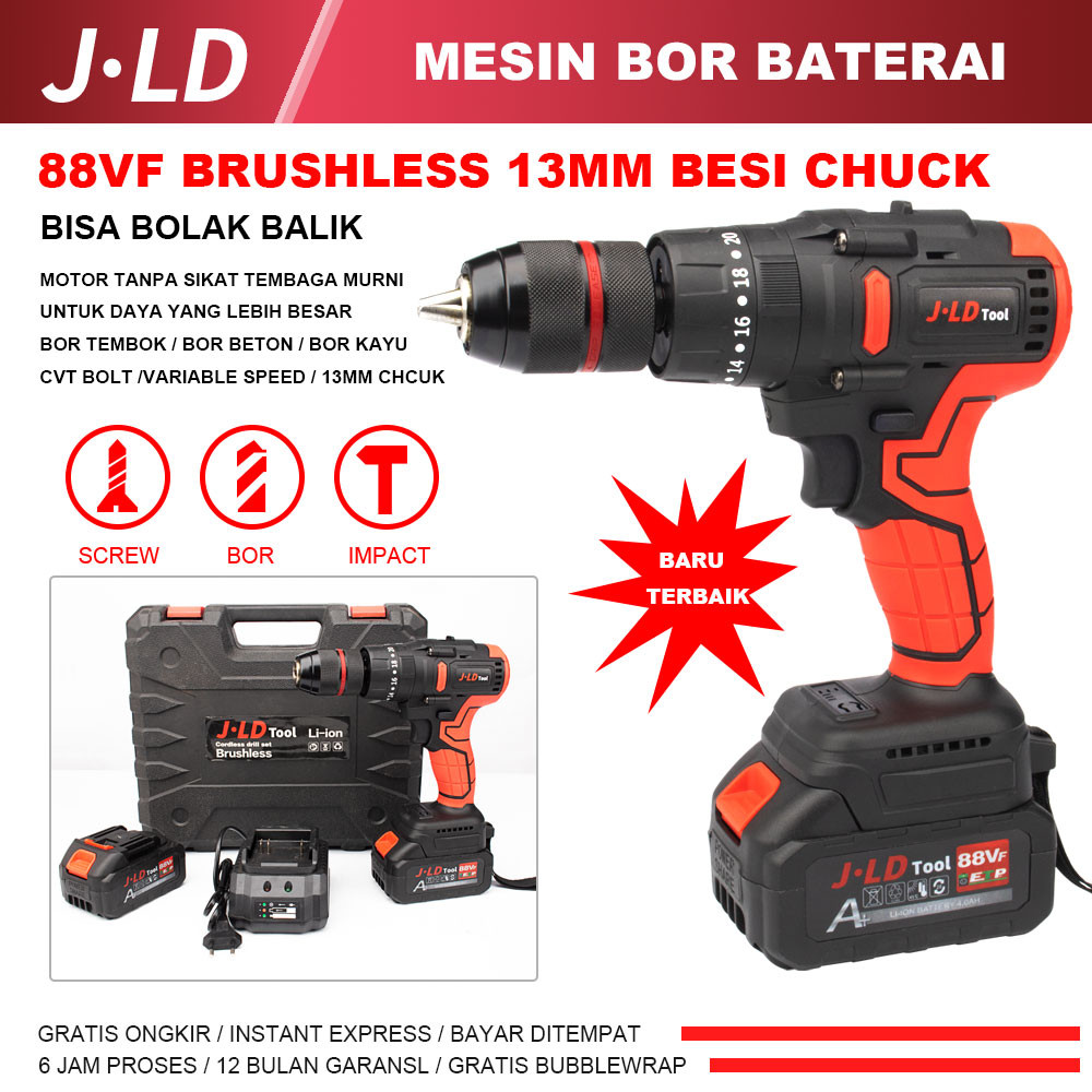 JLD 1m mesin bor impact baterai brushless 88vf bor cas 2baterai besi impek baterai bor tangan