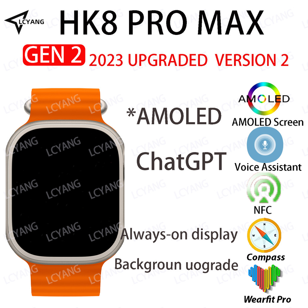 HK8 Pro Max Gen 2 ChatGPT Smart Watch Amoled Strap Lock Wireless Charging Bluetooth Call Men Series 