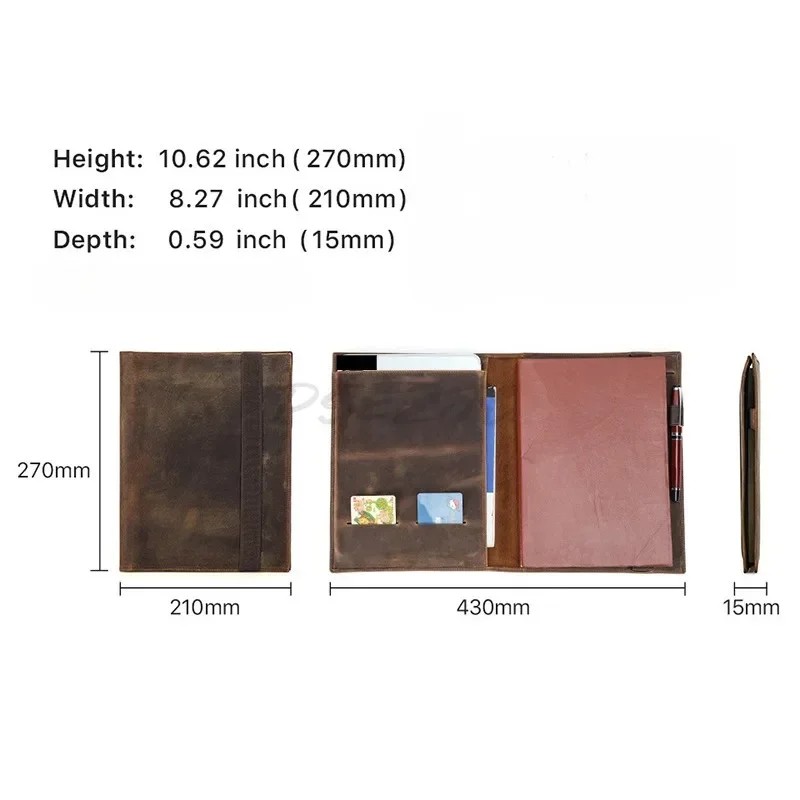 

Retro Notebook Briefcase Folder B5 Document Book Cover Business Crazy Horse Leather Contract File