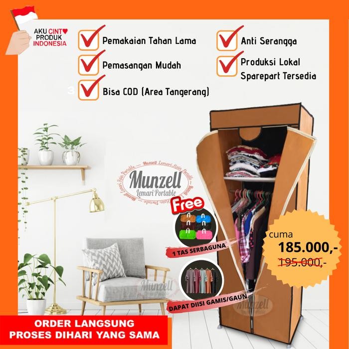 Lemari Kain Munzell Type LPF 02, COKLAT (Lemari Pakaian 1 Gtg+2 Sekat) gjah