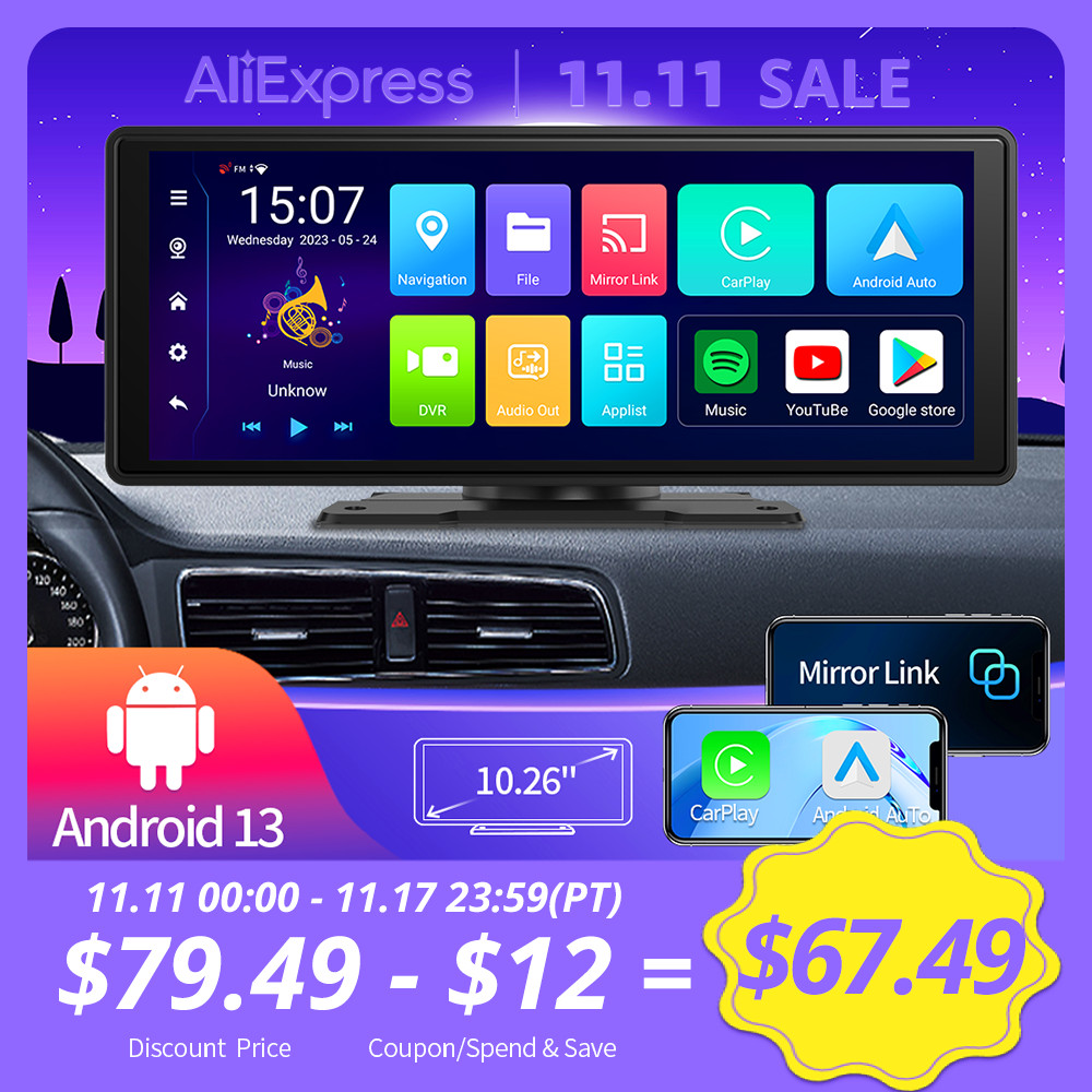 Kamera Dasbor Android 13 Baru 10.26 Inci CarPlay Nirkabel Android Auto AUX FM Bluetooth Audio Mobil 