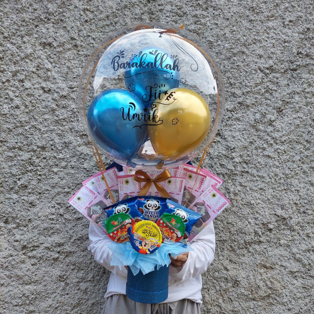 <Bisa Kirim Hari Ini> Balon Bouquet Buket Bucket Uang + Snack (Isi Uang Sendiri) - Morning Glory