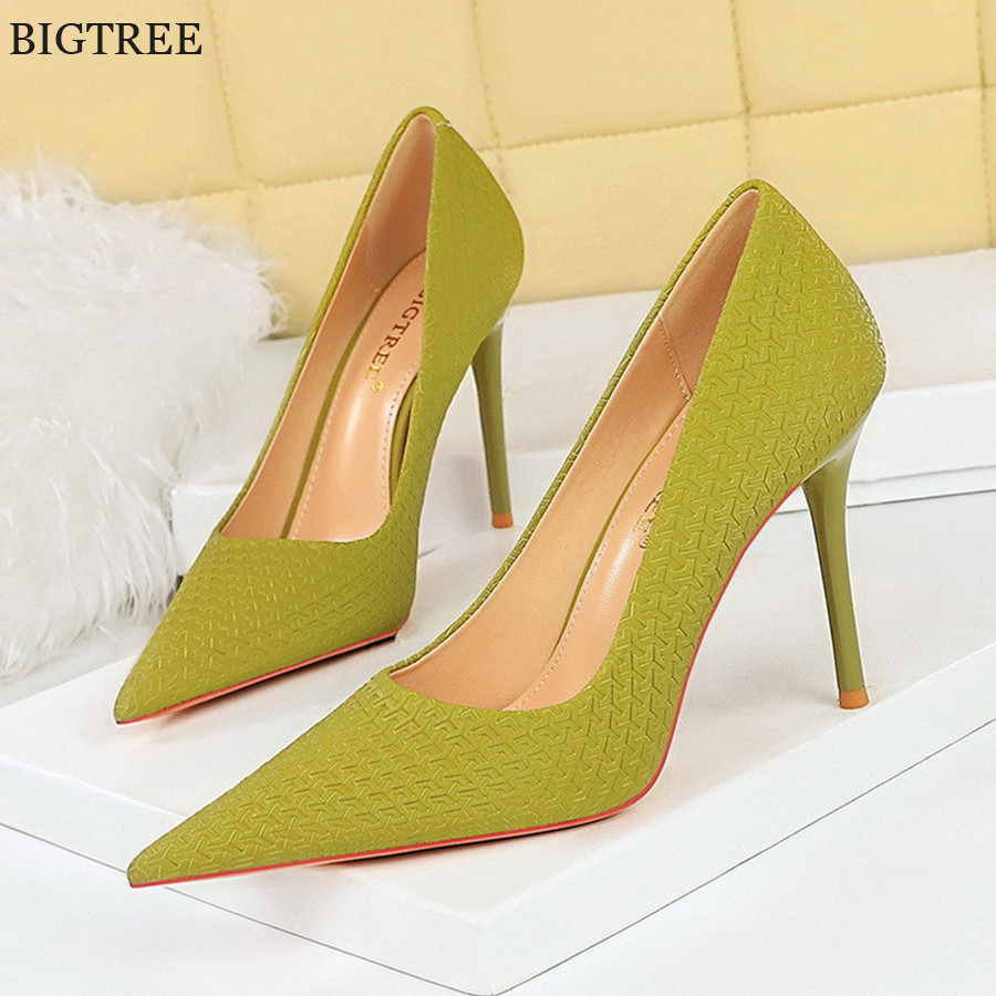 BIGTREE Embossing Pattern Elegant Leather Shoes Green Pink 10cm Fashion High Heels Stiletto Banquet 