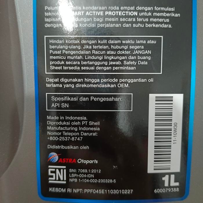 Oli Mobil Aspira 10W30/10W-30/10-W30 Api Sn Bensin 1L Diproduksi Shell Kode 003