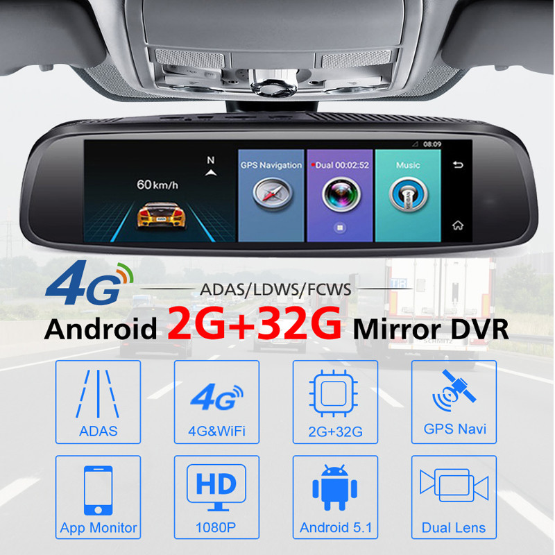 ANSTAR 8'' 2GB+32GB Rearview Mirror Car DVR 4G Android Dash Cam 3 lens HD 1080P Night Vision Registr