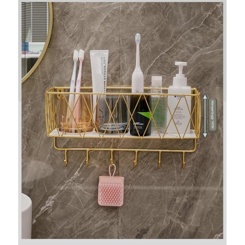 Rak Kamar Mandi SS304 Gold Alas Kaca Marble Putih Hitam / Rak Sabun Tembok Gold