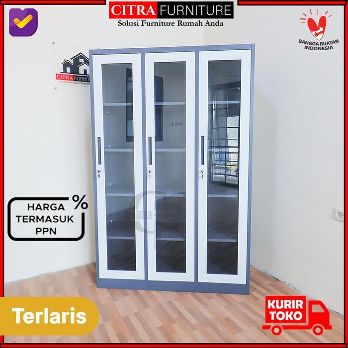

SHUMO Lemari Arsip Besi 3 Pintu Full Kaca Filling Cabinet Grey