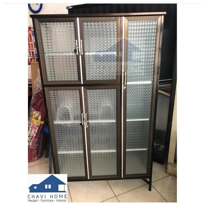 PREMIUM Rak piring aluminium lemari piring rak dapur kaca es 3 pintu