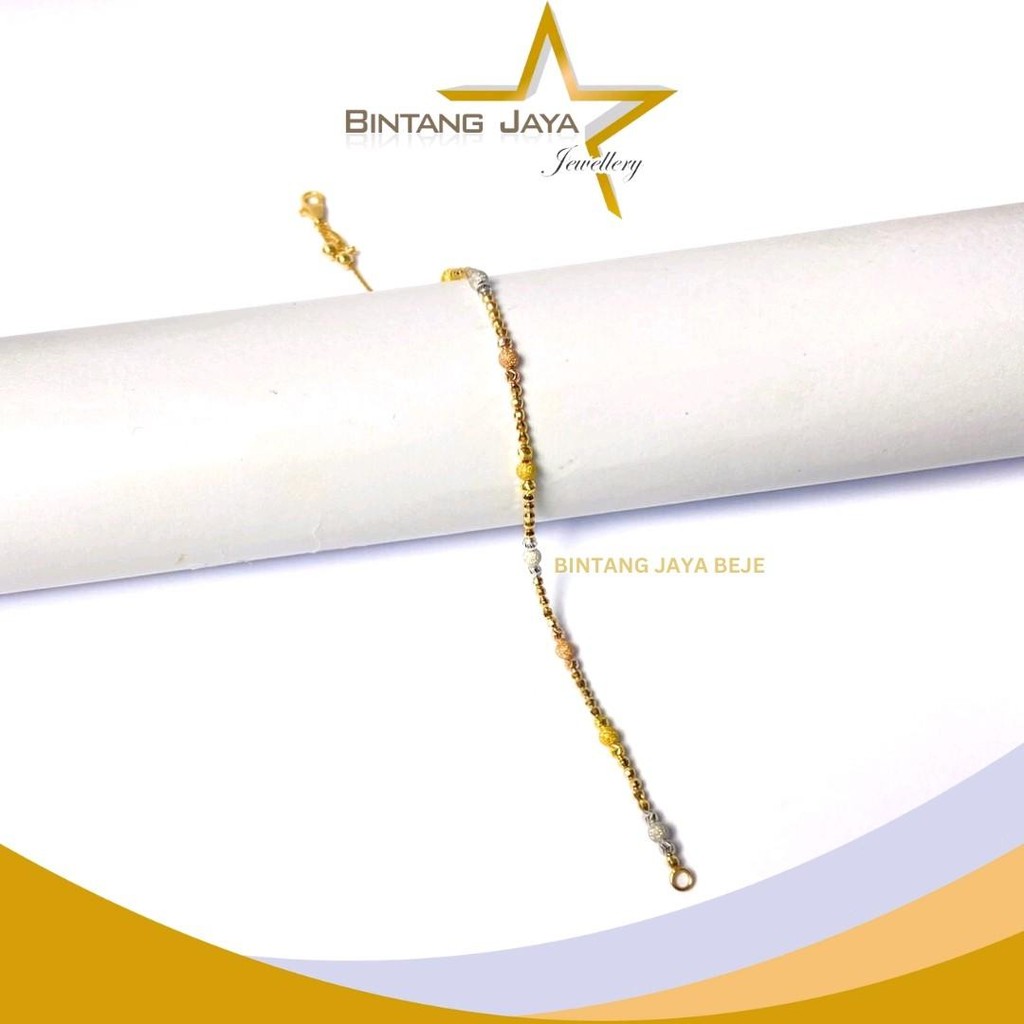 Gelang Emas Asli - Rantai Merica Ukir Tiga Warna Kait Serut Panjang 19.5cm - Kadar (8K) | 2,74 Gram 