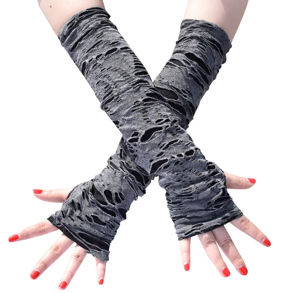 Casaul Broken Slit Gloves Sexy Gothic Fingerless Gloves Halloween Gloves Black Ripped Holes Decor